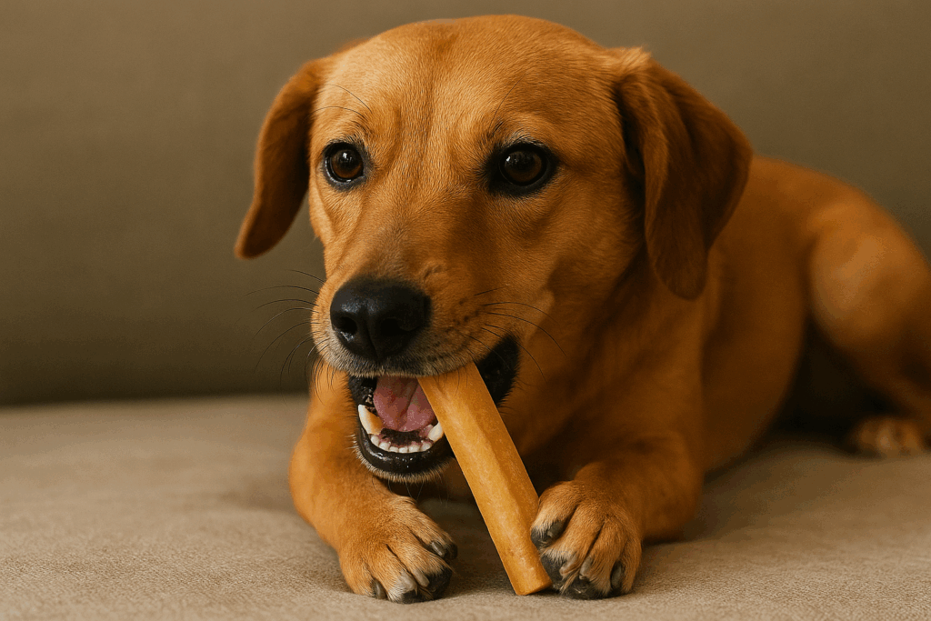 Happy dog chewing on Nepalese dog chew