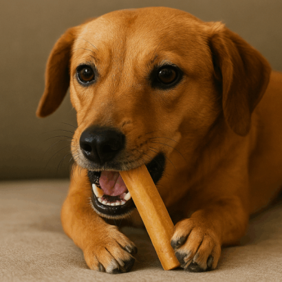 Happy dog chewing on Nepalese dog chew